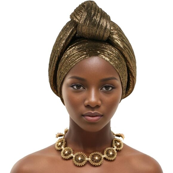 African Women Turban Caps Beanie Knotted Head Wraps Solid Gold Fashion